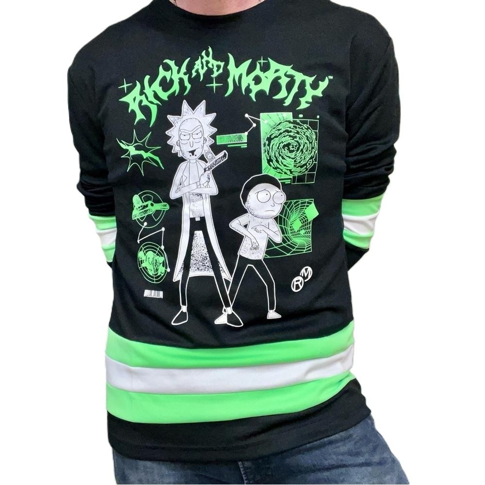 Black Rick And Morty Graphic Neon Green Accents Pullover Hockey Jersey - Picture 3 of 4